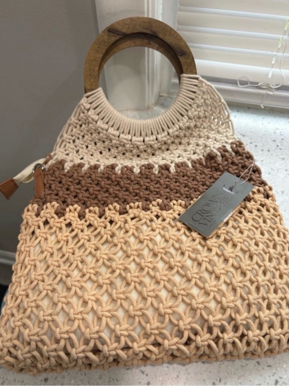 Crown Vintage Tri-Tone Crochet Tote Bag Cream, Brown Tan Crown Vintage Croch NWT